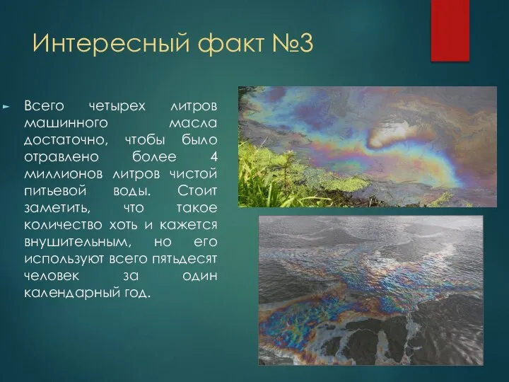 Интересный факт №3 Всего четырех литров машинного масла достаточно, чтобы было отравлено