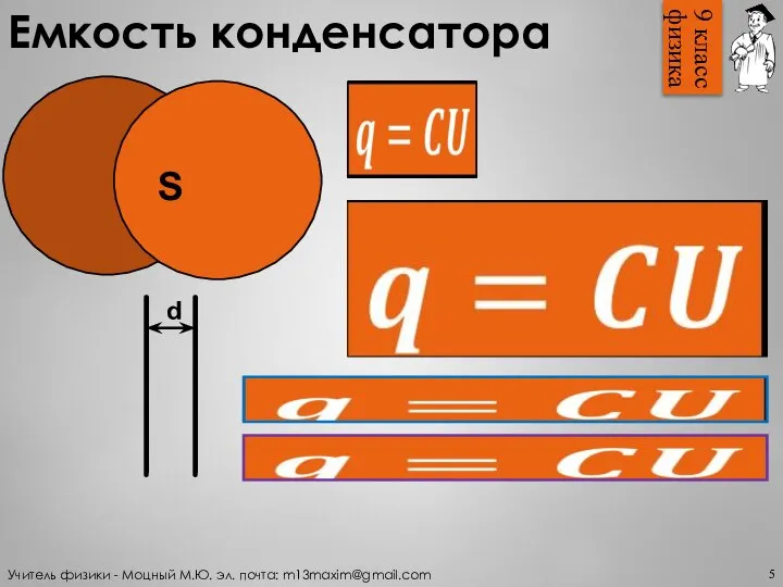 Емкость конденсатора 5 Учитель физики - Моцный М.Ю. эл. почта: m13maxim@gmail.com 9 класс физика