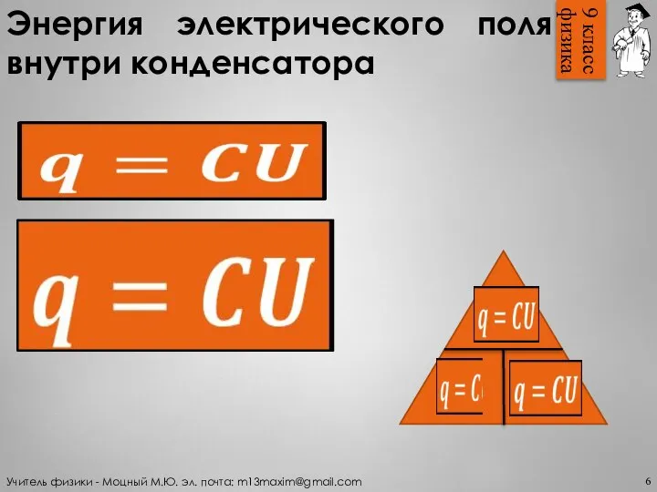 Энергия электрического поля внутри конденсатора 6 Учитель физики - Моцный М.Ю. эл.