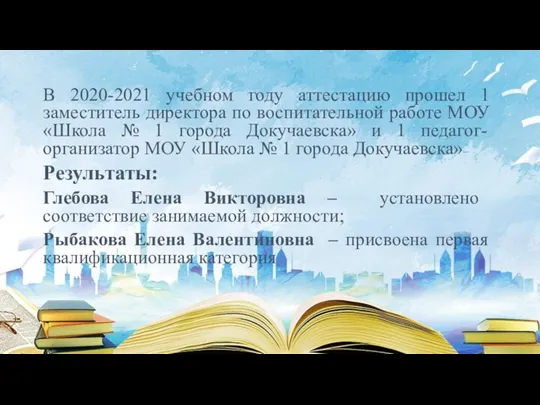 В 2020-2021 учебном году аттестацию прошел 1 заместитель директора по воспитательной работе