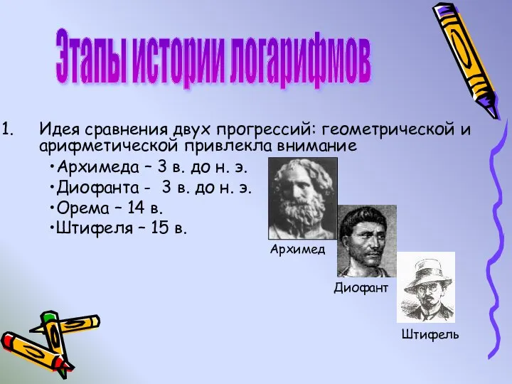 Идея сравнения двух прогрессий: геометрической и арифметической привлекла внимание Этапы истории логарифмов