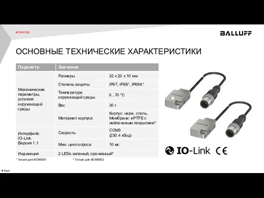 ◄ Back ОСНОВНЫЕ ТЕХНИЧЕСКИЕ ХАРАКТЕРИСТИКИ BCM R15E ¹ Только для BCM0001 ² Только для BCM0002