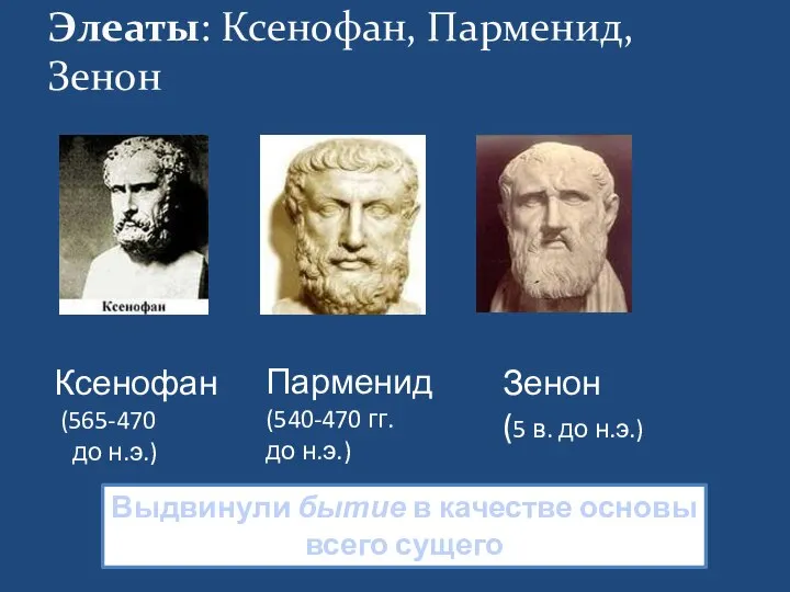 Элеаты: Ксенофан, Парменид, Зенон Ксенофан (565-470 до н.э.) Парменид (540-470 гг. до