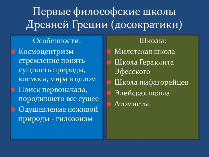 Первые философские школы Древней Греции (досократики) Особенности: Космоцентризм – стремление понять сущность