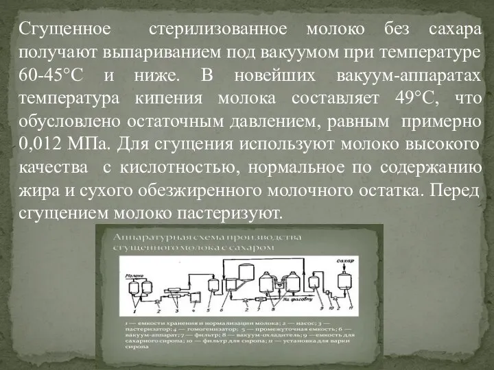 Сгущенное стерилизованное молоко без сахара получают выпариванием под вакуумом при температуре 60-45°С