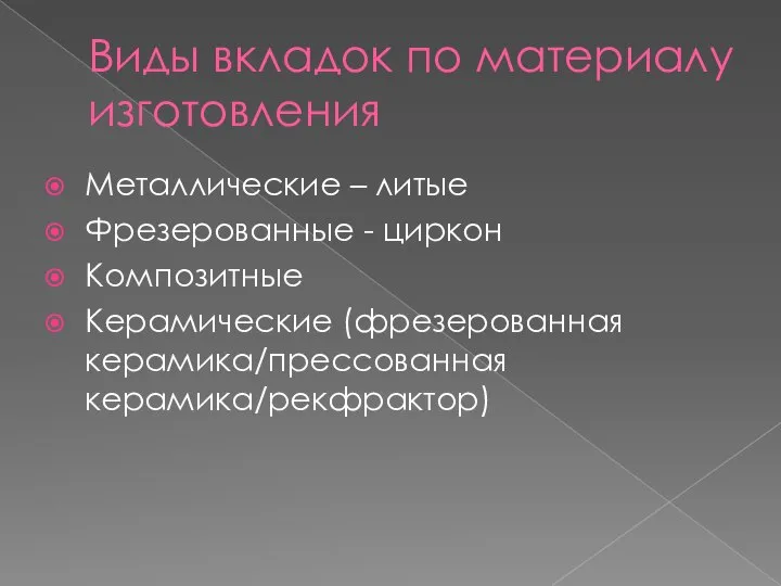 Виды вкладок по материалу изготовления Металлические – литые Фрезерованные - циркон Композитные Керамические (фрезерованная керамика/прессованная керамика/рекфрактор)