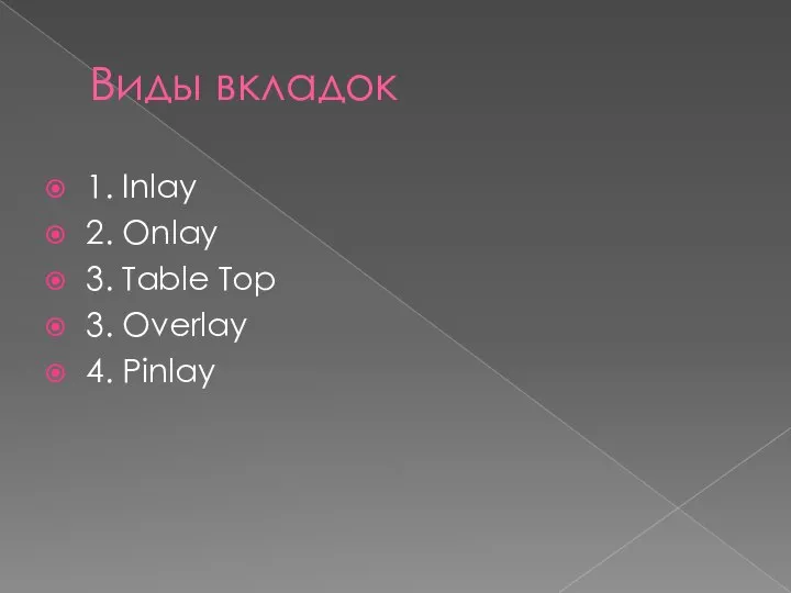 Виды вкладок 1. Inlay 2. Onlay 3. Table Top 3. Overlay 4. Pinlay