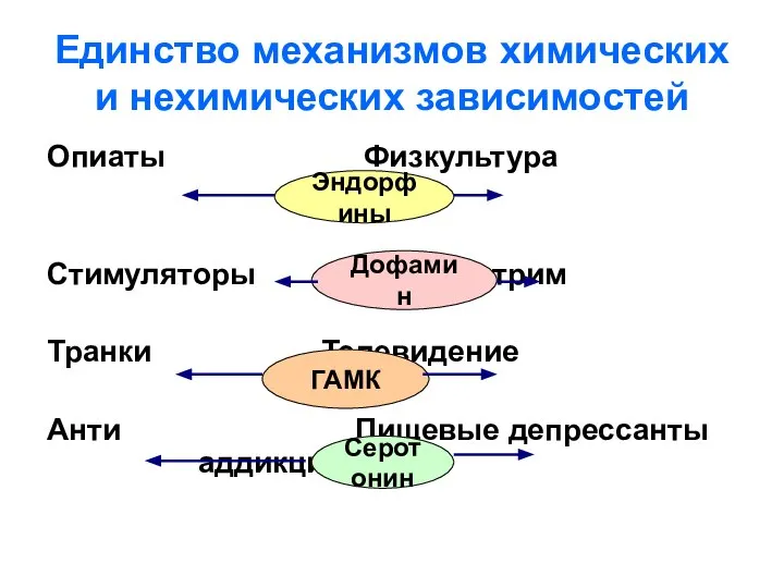 Единство механизмов химических и нехимических зависимостей Опиаты Физкультура Стимуляторы Экстрим Транки Телевидение