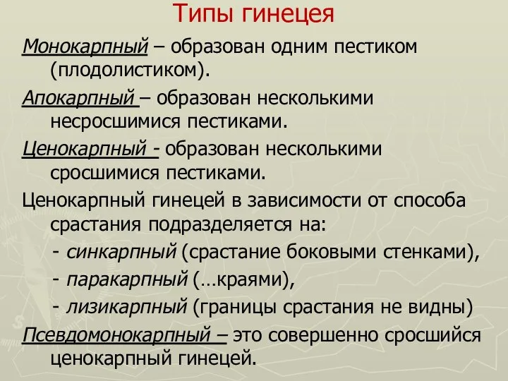 Типы гинецея Монокарпный – образован одним пестиком (плодолистиком). Апокарпный – образован несколькими