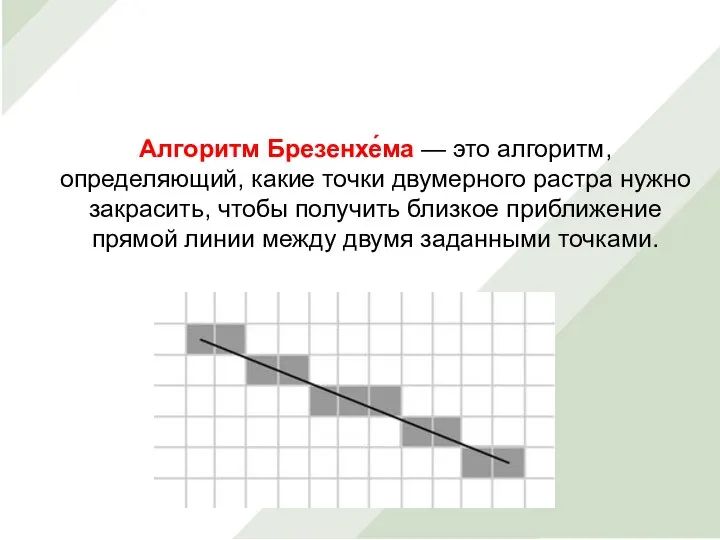 Алгоритм Брезенхе́ма — это алгоритм, определяющий, какие точки двумерного растра нужно закрасить,