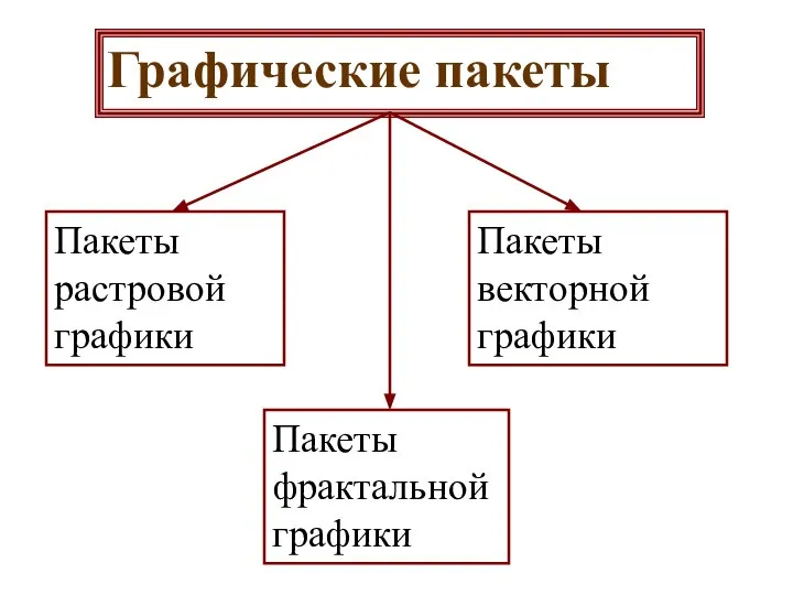 Графические пакеты Пакеты растровой графики Пакеты векторной графики Пакеты фрактальной графики