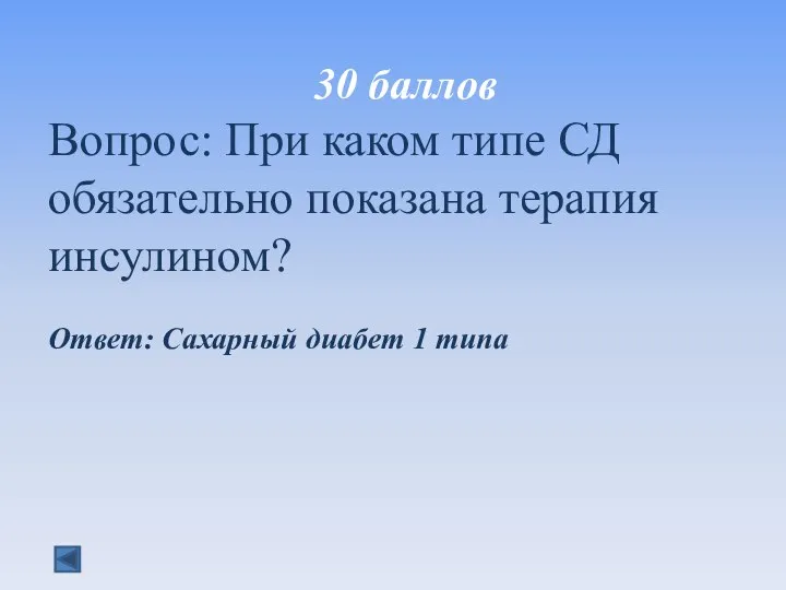 30 баллов Вопрос: При каком типе СД обязательно показана терапия инсулином? Ответ: Сахарный диабет 1 типа