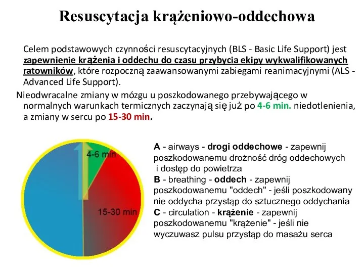 Resuscytacja krążeniowo-oddechowa Celem podstawowych czynności resuscytacyjnych (BLS - Basic Life Support) jest