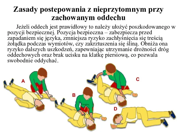 Zasady postepowania z nieprzytomnym przy zachowanym oddechu Jeżeli oddech jest prawidłowy to