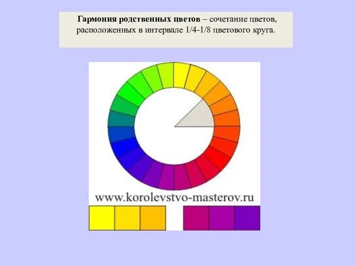 Гармония родственных цветов – сочетание цветов, расположенных в интервале 1/4-1/8 цветового круга.