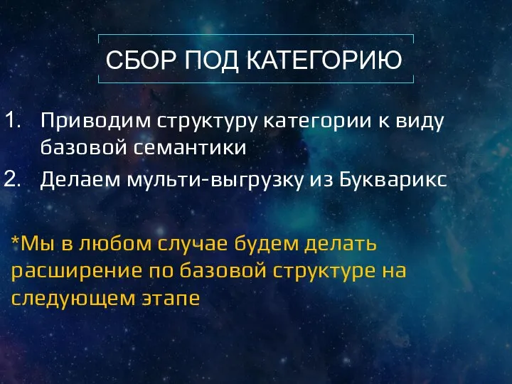 СБОР ПОД КАТЕГОРИЮ Приводим структуру категории к виду базовой семантики Делаем мульти-выгрузку