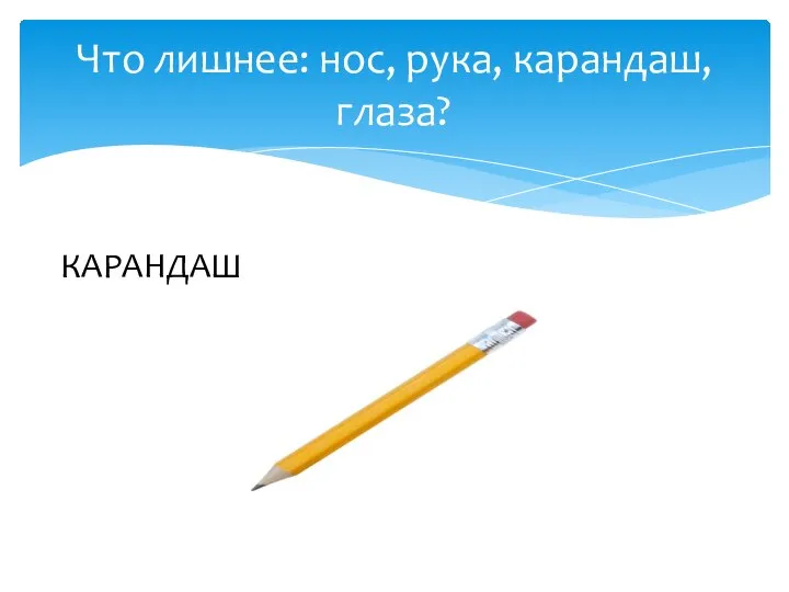 Что лишнее: нос, рука, карандаш, глаза? КАРАНДАШ