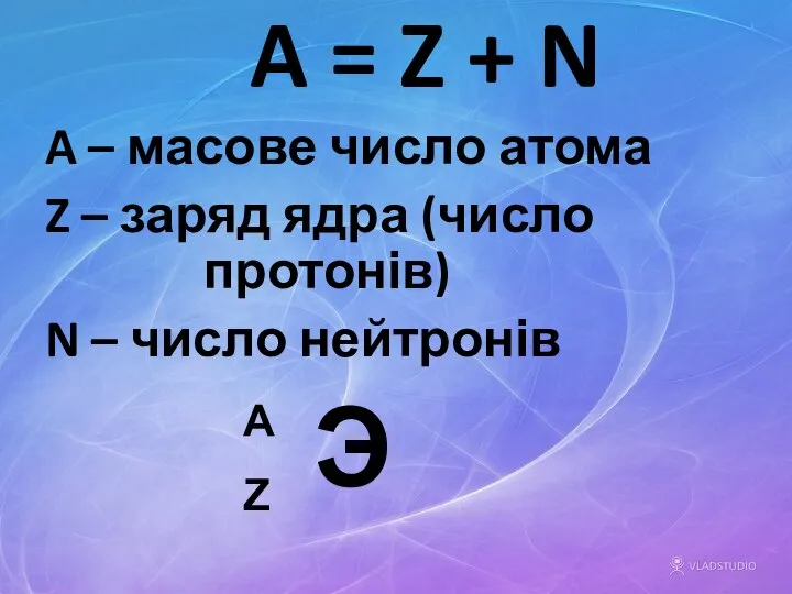 A = Z + N A – масове число атома Z –