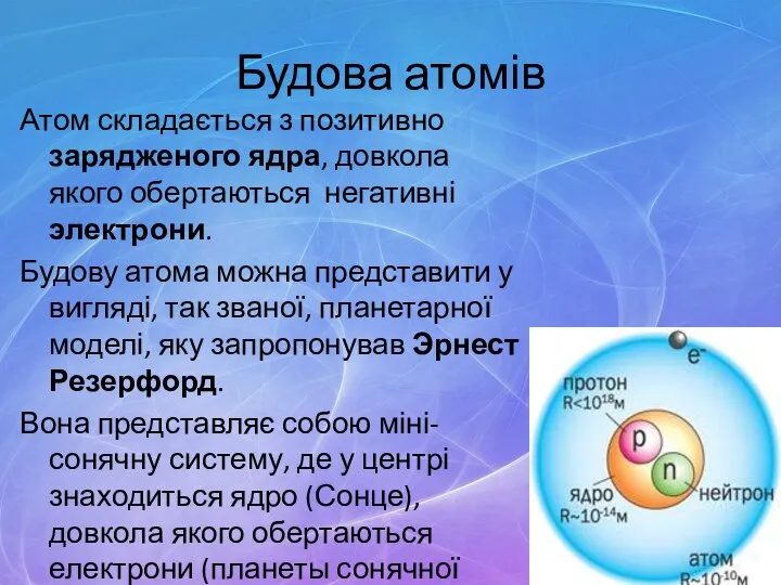 Будова атомів Атом складається з позитивно зарядженого ядра, довкола якого обертаються негативні