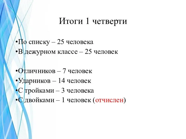 Итоги 1 четверти По списку – 25 человека В дежурном классе –