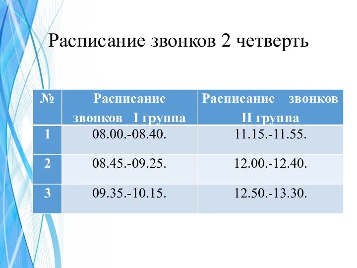 Расписание звонков 2 четверть