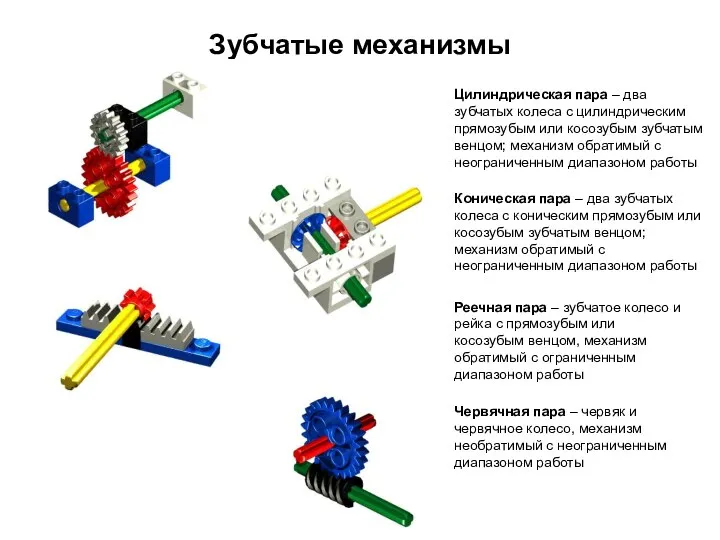 Зубчатые механизмы Цилиндрическая пара – два зубчатых колеса с цилиндрическим прямозубым или