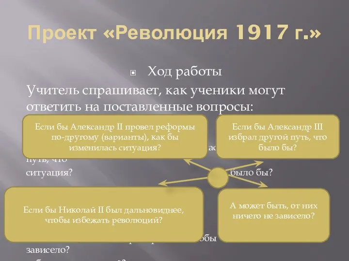 Проект «Революция 1917 г.» Ход работы Учитель спрашивает, как ученики могут ответить