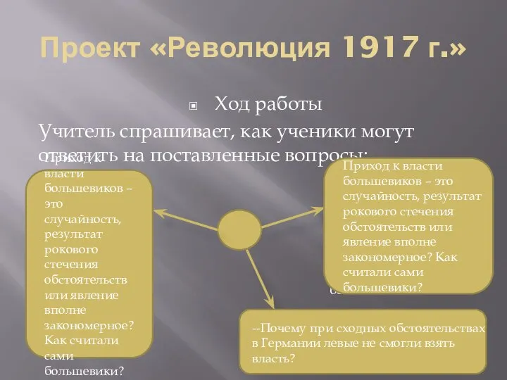 Проект «Революция 1917 г.» Ход работы Учитель спрашивает, как ученики могут ответить