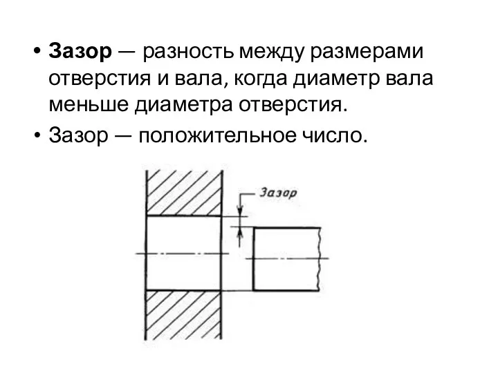 Зазор — разность между размерами отверстия и вала, когда диаметр вала меньше