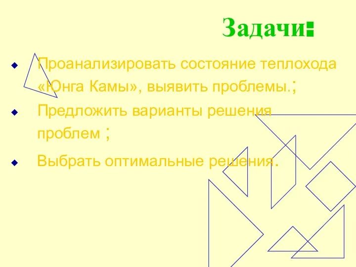 Задачи: Проанализировать состояние теплохода «Юнга Камы», выявить проблемы.; Предложить варианты решения проблем ; Выбрать оптимальные решения.