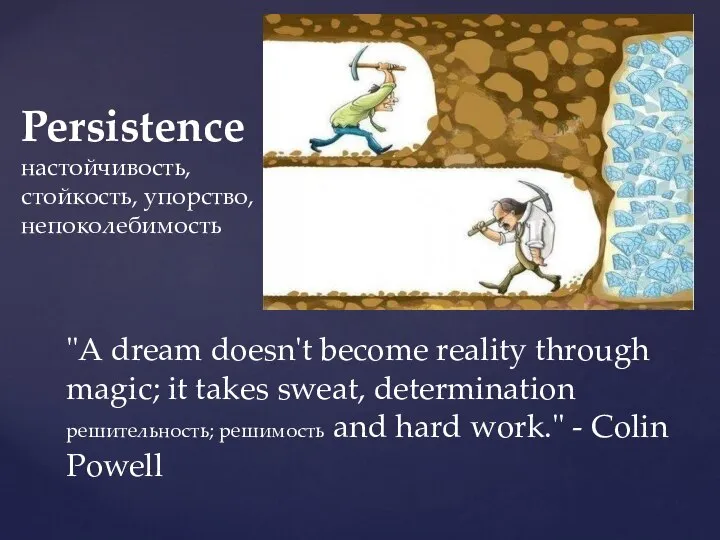 Persistence настойчивость, стойкость, упорство, непоколебимость "A dream doesn't become reality through magic;