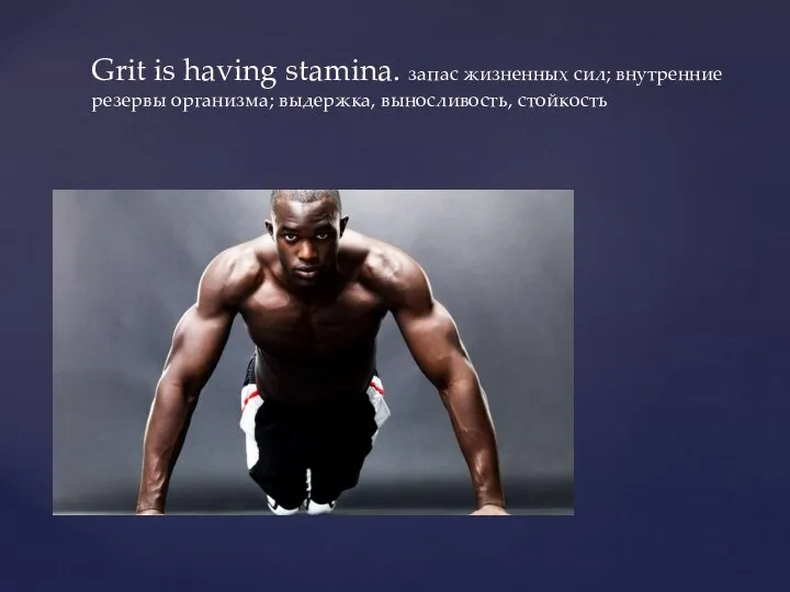 Grit is having stamina. запас жизненных сил; внутренние резервы организма; выдержка, выносливость, стойкость