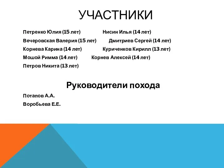 УЧАСТНИКИ Петренко Юлия (15 лет) Нисин Илья (14 лет) Вечеровская Валерия (15