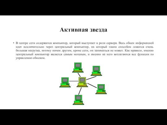 Активная звезда В центре сети содержится компьютер, который выступает в роли сервера.