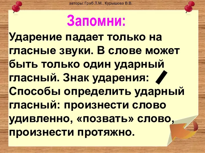 Запомни: Ударение падает только на гласные звуки. В слове может быть только