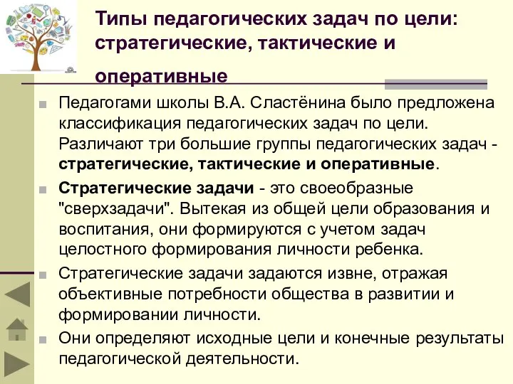 Типы педагогических задач по цели: стратегические, тактические и оперативные Педагогами школы В.А.