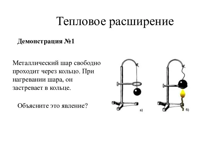 Демонстрация №1 Металлический шар свободно проходит через кольцо. При нагревании шара, он