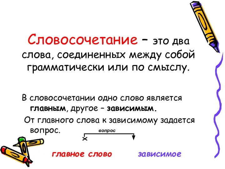 Словосочетание – это два слова, соединенных между собой грамматически или по смыслу.