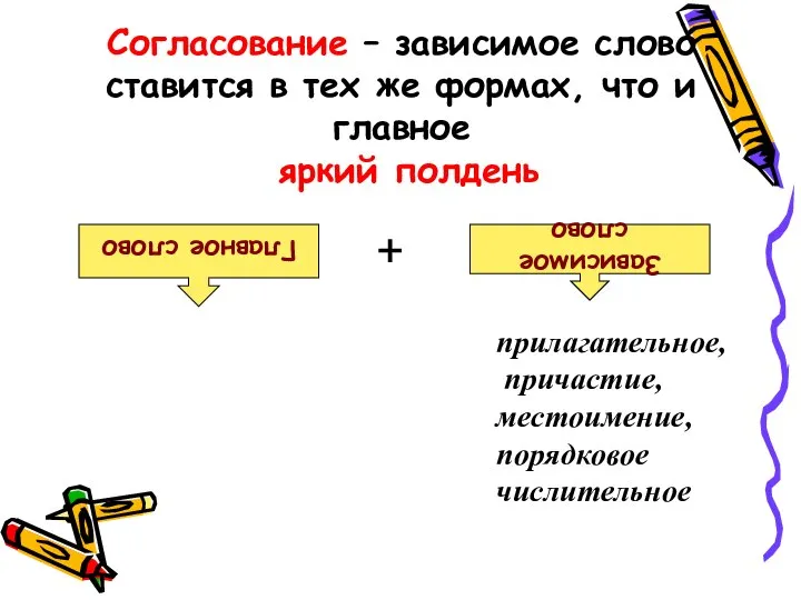 Согласование – зависимое слово ставится в тех же формах, что и главное