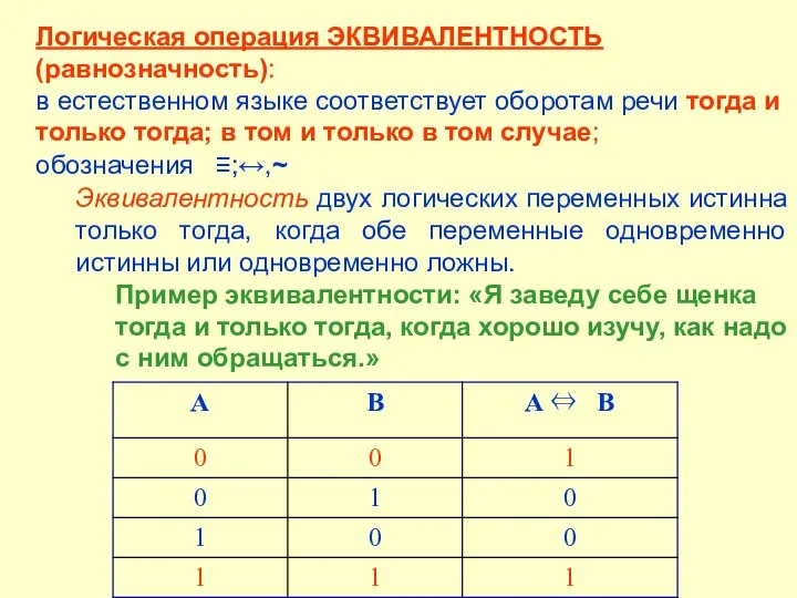 Логическая операция ЭКВИВАЛЕНТНОСТЬ (равнозначность): в естественном языке соответствует оборотам речи тогда и