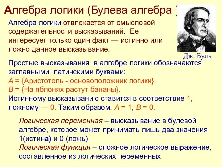 Логическая переменная – высказывание в булевой алгебре, которое может принимать лишь два