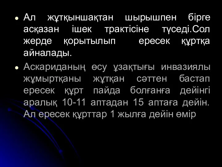 Ал жұтқыншақтан шырышпен бірге асқазан ішек трактісіне түседі.Сол жерде қорытылып ересек құртқа