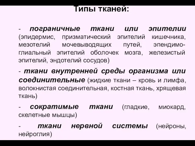 Типы тканей: - пограничные ткани или эпителии (эпидермис, призматический эпителий кишечника, мезотелий