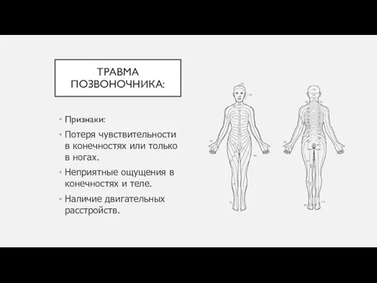 ТРАВМА ПОЗВОНОЧНИКА: Признаки: Потеря чувствительности в конечностях или только в ногах. Неприятные