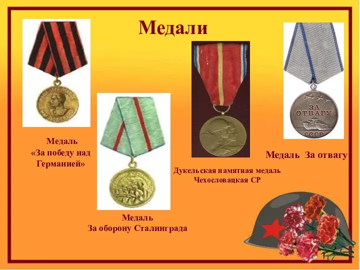 Медали Медаль «За победу над Германией» Медаль За отвагу Медаль За оборону