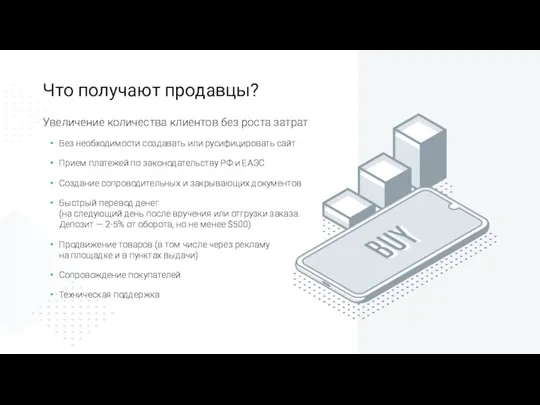 Увеличение количества клиентов без роста затрат Без необходимости создавать или русифицировать сайт