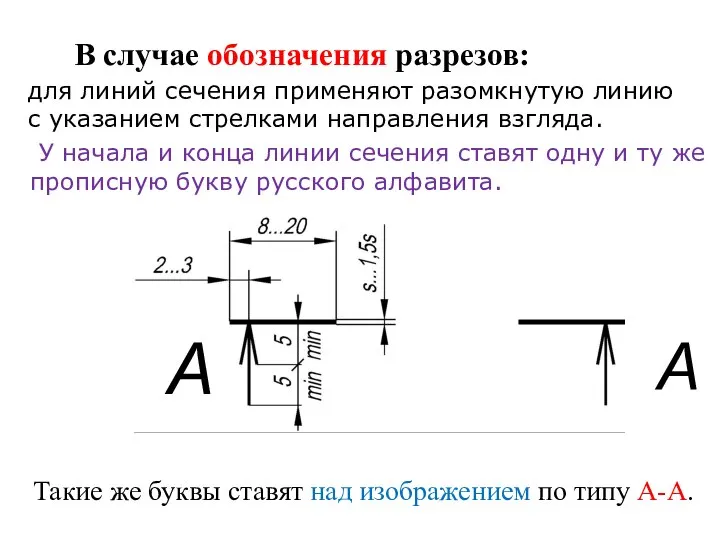 для линий сечения применяют разомкнутую линию с указанием стрелками направления взгляда. У