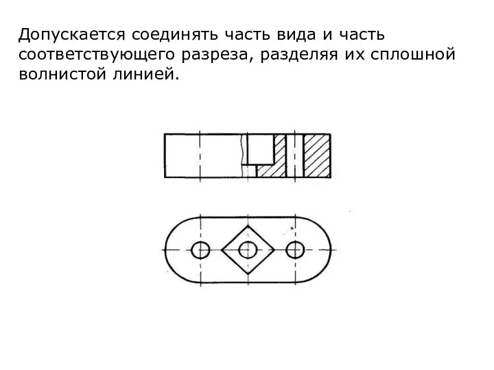 Допускается соединять часть вида и часть соответствующего разреза, разделяя их сплошной волнистой линией.