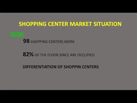 SHOPPING CENTER MARKET SITUATION NOW: 98 SHOPPING CENTERS WORK 82% OF THE