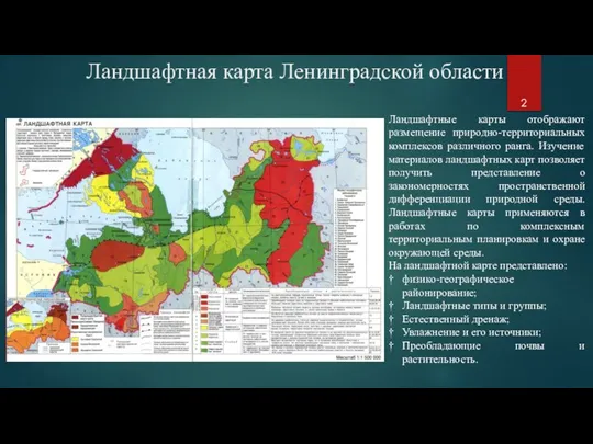 Ландшафтная карта Ленинградской области Ландшафтные карты отображают размещение природно-территориальных комплексов различного ранга.